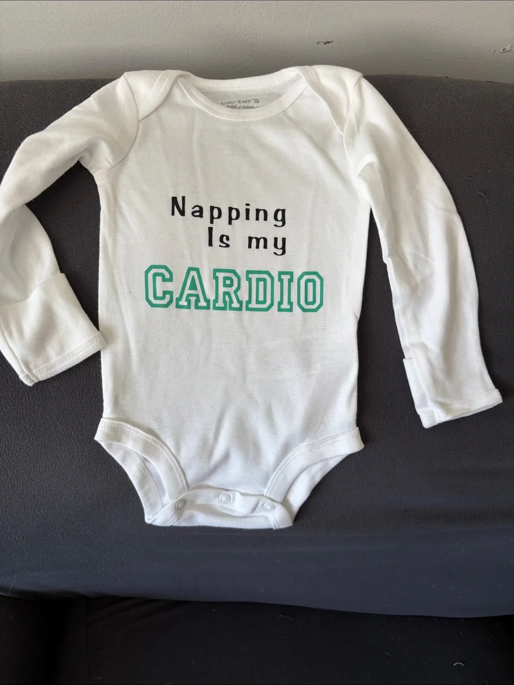 Carter's White Long-Sleeve One-Piece with Green & Black Text